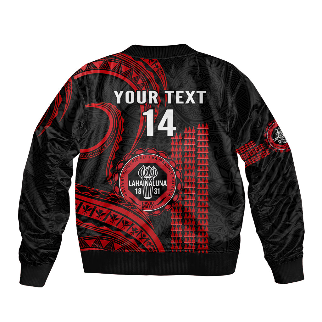 Bomber jacket back with 'YOUR TEXT 14' print and red Polynesian kakau design.
