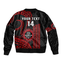 Bomber jacket back with 'YOUR TEXT 14' print and red Polynesian kakau design.