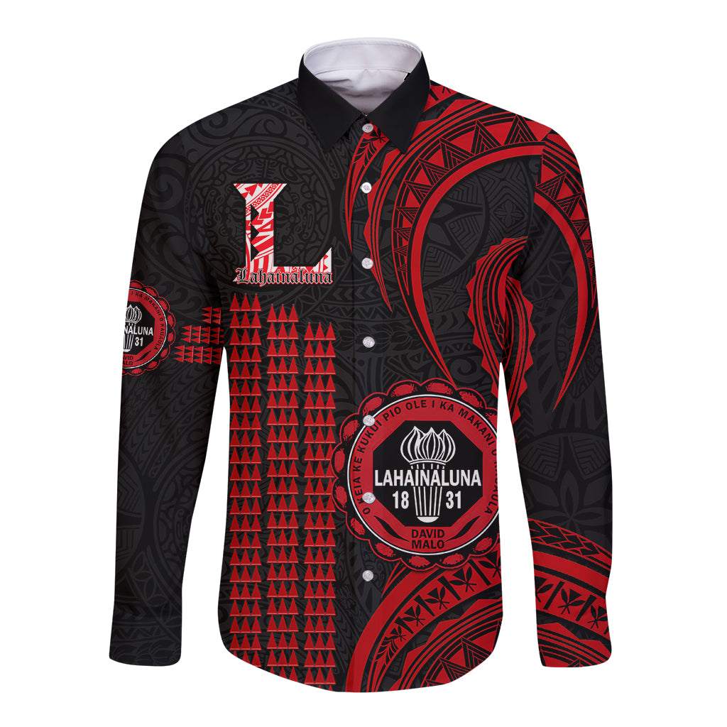 Red and black long-sleeve button shirt with Polynesian print and school crest