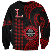 Unisex black sweatshirt with red Polynesian kakau pattern and Lahainaluna crest