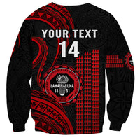 Unisex black sweatshirt back with red tribal pattern, 'YOUR TEXT 14', and crest