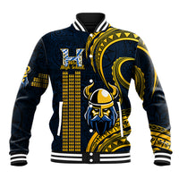 Navy and gold baseball jacket with Polynesian-style pattern and varsity Vikings emblem