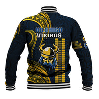 Navy baseball jacket with back graphic text 'Hilo High Vikings' and gold Polynesian pattern
