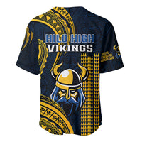 Navy baseball jersey with Hilo High Vikings text, helmet graphic, and gold geometric pattern