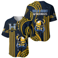 Navy and gold baseball jersey with Vikings helmet graphic, Polynesian motif, and V-neck