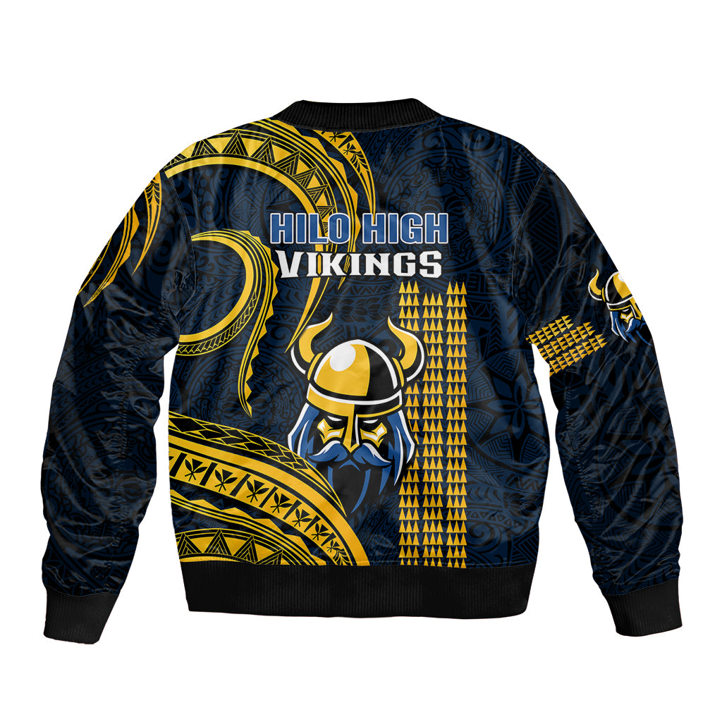 Dark navy bomber jacket back with Hilo High Vikings text and gold helmet graphic