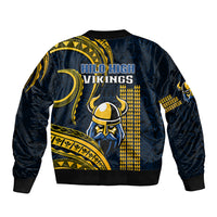 Dark navy bomber jacket back with Hilo High Vikings text and gold helmet graphic