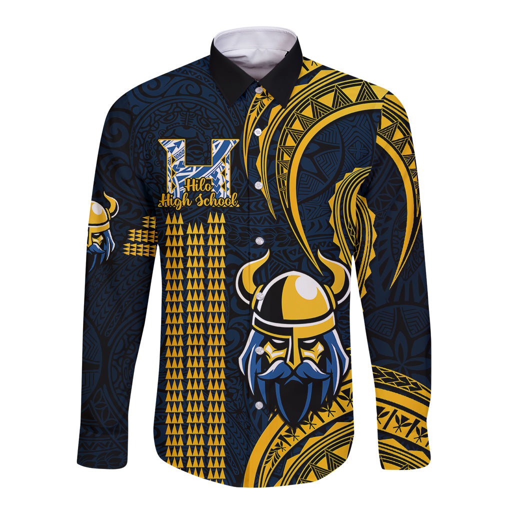 Navy blue long-sleeve button shirt with gold Polynesian pattern and front Vikings crest