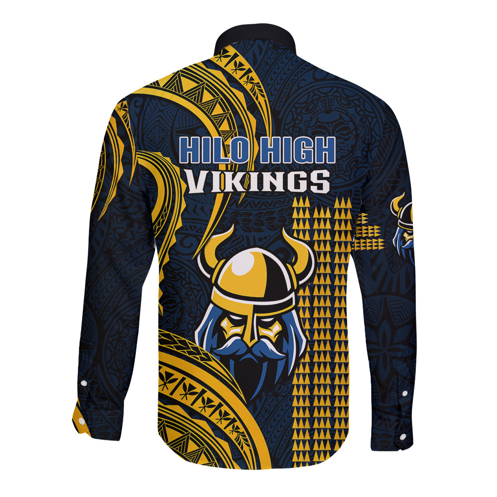 Navy blue long-sleeve button shirt, gold Polynesian back design with Hilo High Vikings text