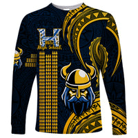 Dark navy long-sleeve shirt with gold Polynesian pattern and Vikings chest emblem