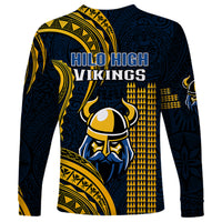 Dark navy long-sleeve shirt with gold back graphic text Hilo High Vikings and helmet