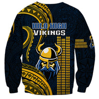 Navy and gold Hilo High Vikings sweatshirt with back text and warrior mascot