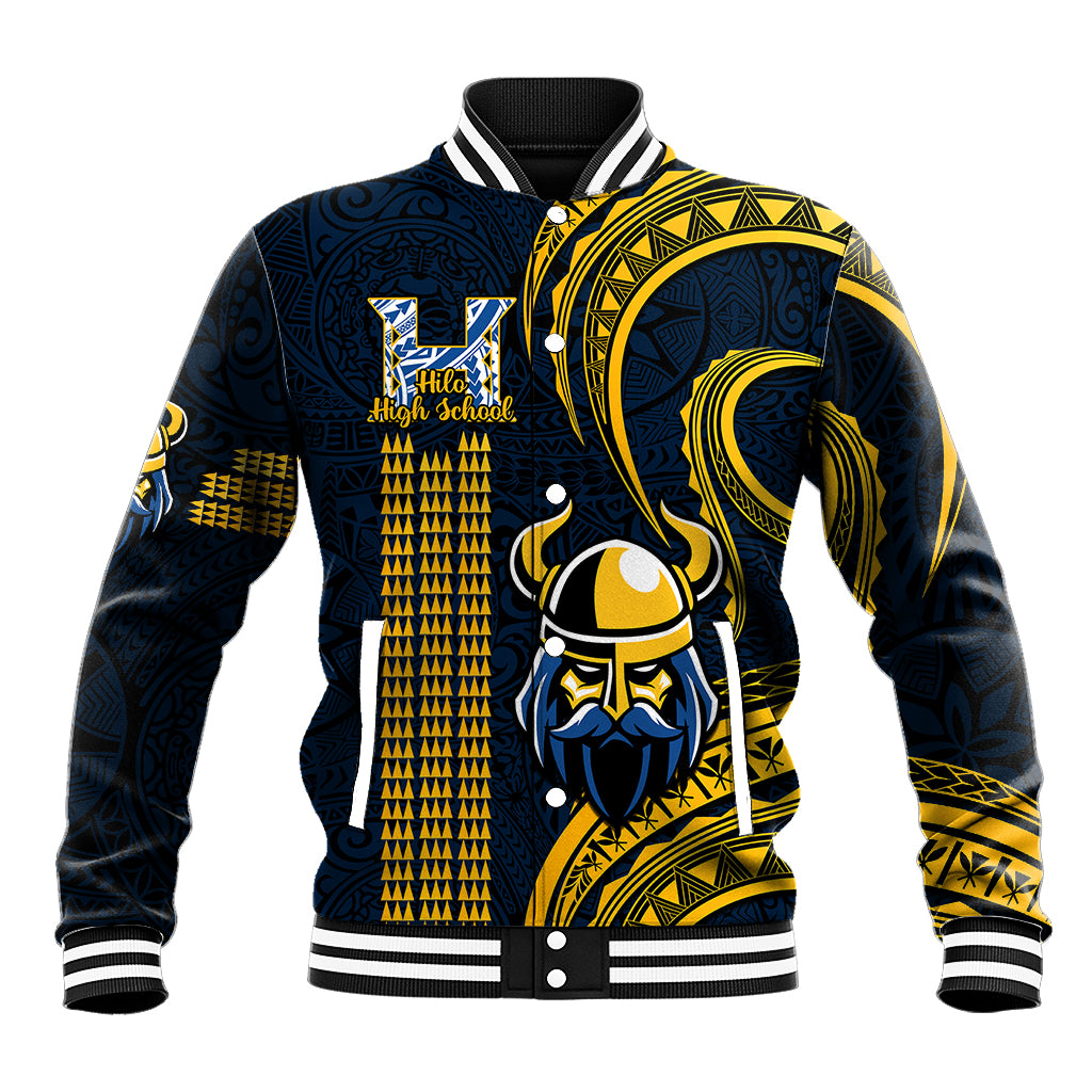 Varsity baseball jacket in navy and gold with helmet mascot front graphic