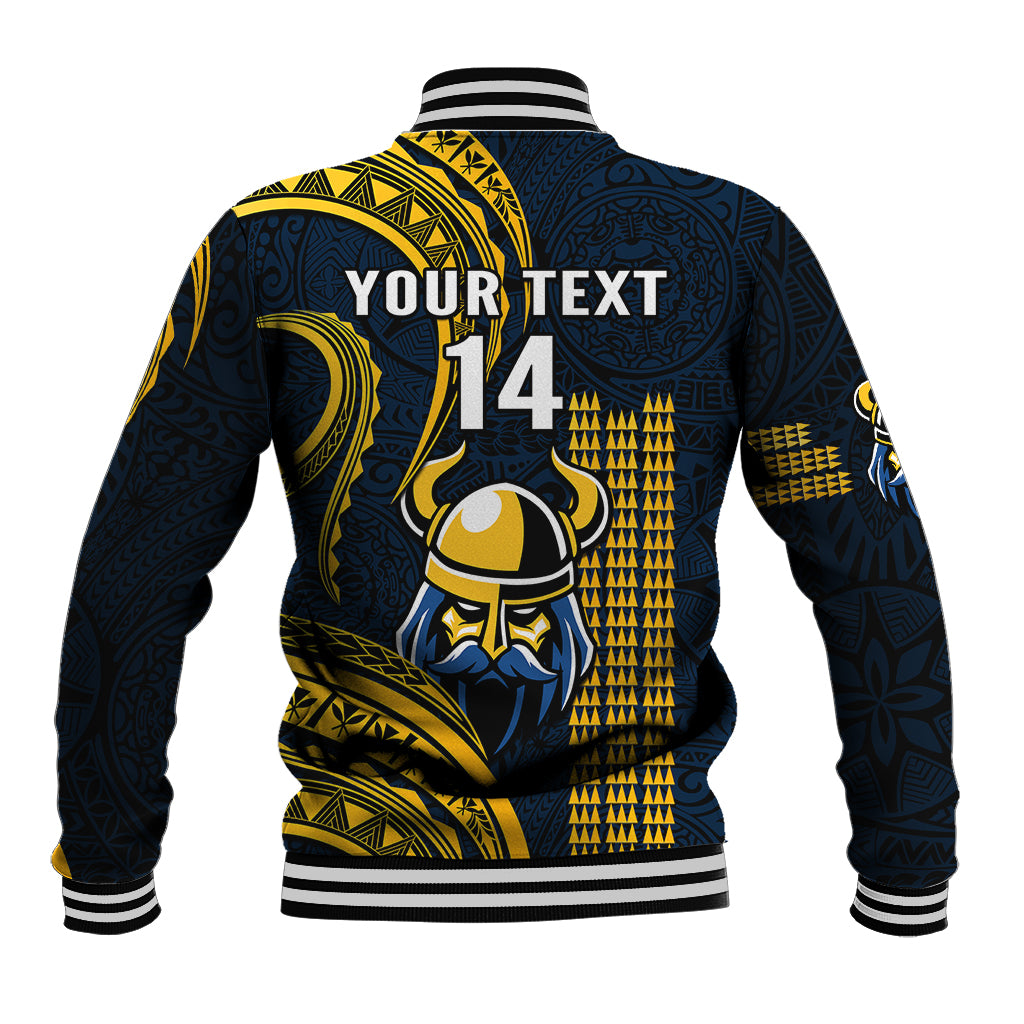 Varsity baseball jacket back in navy and gold with 'YOUR TEXT' and 14 print