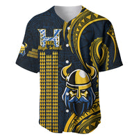 Navy and gold baseball jersey with V-neck, buttons, and Viking helmet tribal print