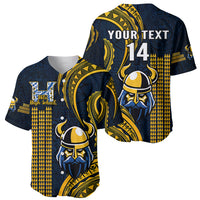 Navy and gold baseball jersey front and back with Viking helmet and tribal pattern