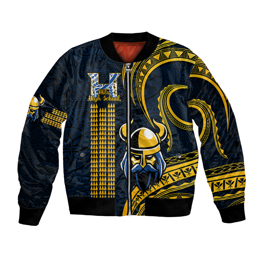 Navy bomber jacket with front zipper and gold Viking helmet graphic, tribal pattern sleeves