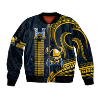 Navy bomber jacket with front zipper and gold Viking helmet graphic, tribal pattern sleeves