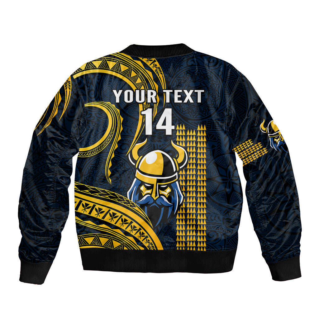 Back of navy bomber jacket with gold Viking helmet, YOUR TEXT 14, tribal band