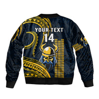 Back of navy bomber jacket with gold Viking helmet, YOUR TEXT 14, tribal band