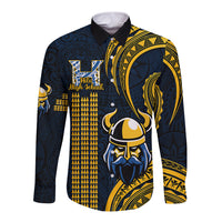 Long sleeve button-up shirt, navy with gold Polynesian pattern and Hilo crest