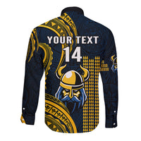 Long sleeve button-up shirt, navy with gold back design and 'YOUR TEXT 14'