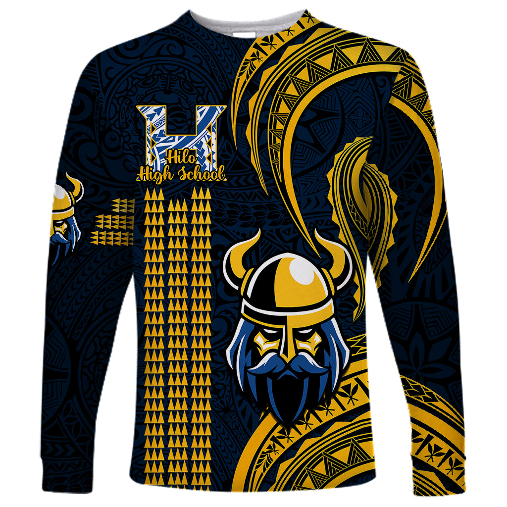 Long sleeve school shirt, navy with gold Vikings emblem and Polynesian pattern front