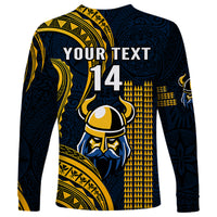 Long sleeve school shirt back, navy and gold Vikings helmet with 'YOUR TEXT' and 14