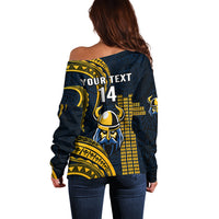 Women’s off-shoulder sweater back view, dark navy with gold Viking helmet and YOUR TEXT 14