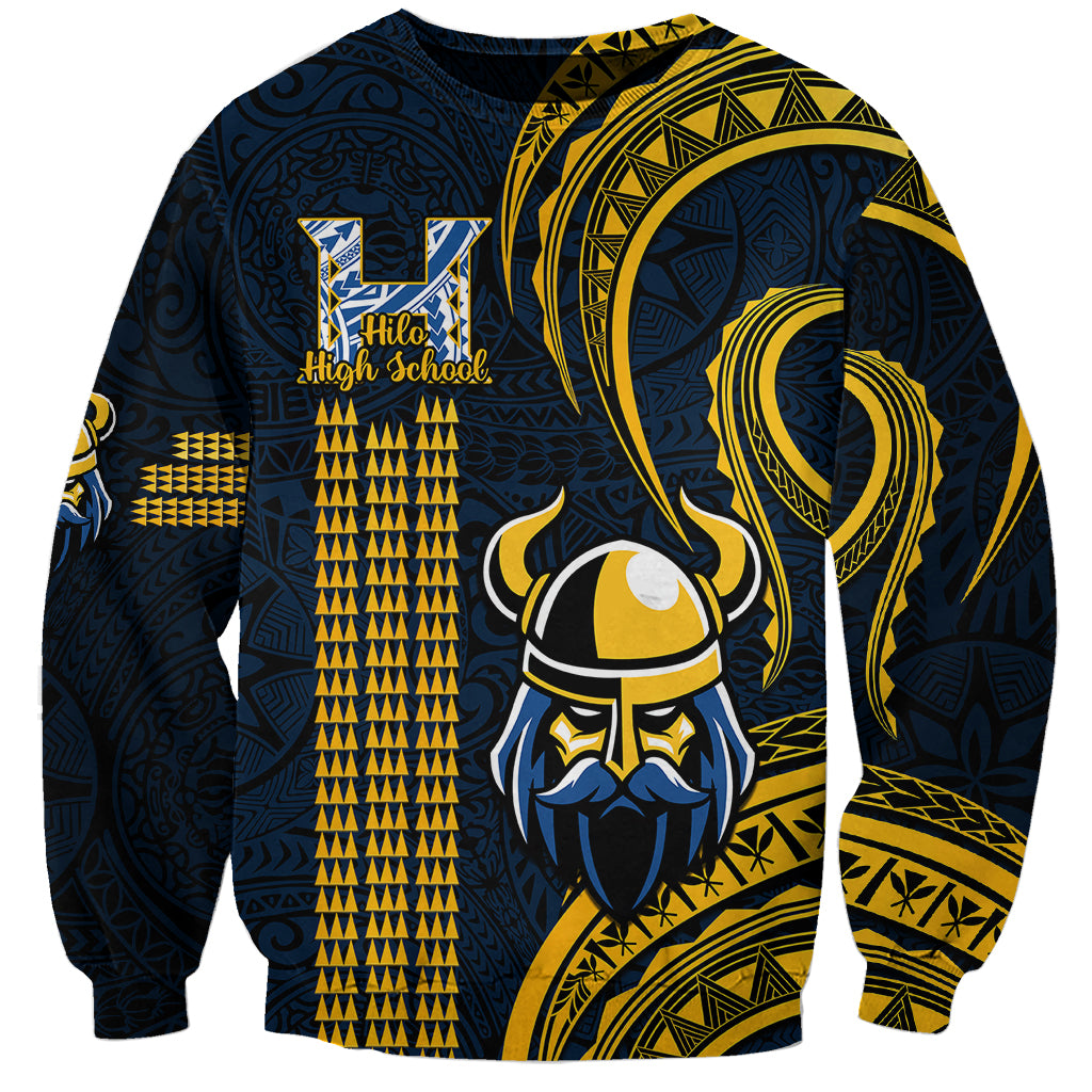 Navy and gold unisex sweatshirt with Hilo High School logo and tribal pattern