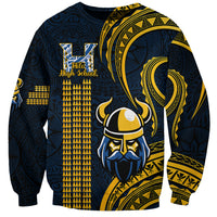 Navy and gold unisex sweatshirt with Hilo High School logo and tribal pattern