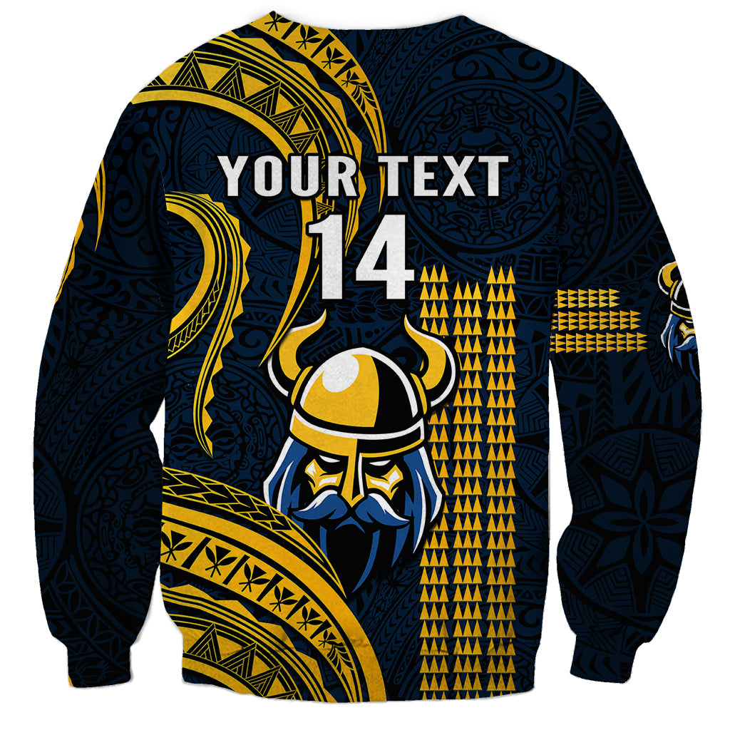 Navy and gold unisex sweatshirt with 'YOUR TEXT 14' and Viking helmet tribal print