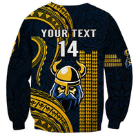 Navy and gold unisex sweatshirt with 'YOUR TEXT 14' and Viking helmet tribal print