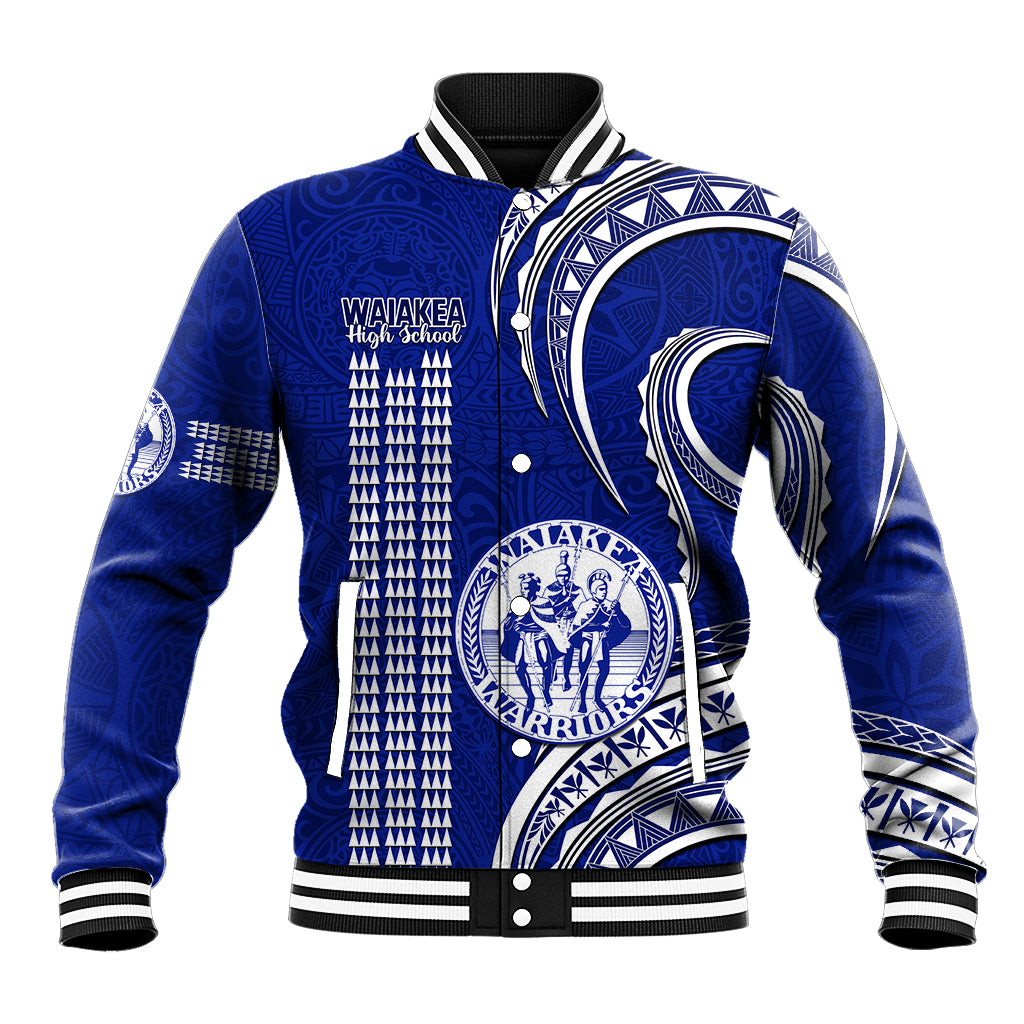 Blue baseball jacket with Polynesian-style kakau pattern and striped cuffs and collar