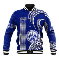 Blue baseball jacket with Polynesian-style kakau pattern and striped cuffs and collar