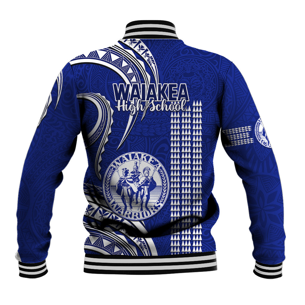 Blue baseball jacket, back view, with kakau geometric pattern and striped ribbed trim