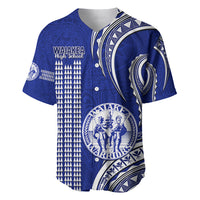 Blue baseball jersey with Polynesian geometric pattern and Warriors circular logo