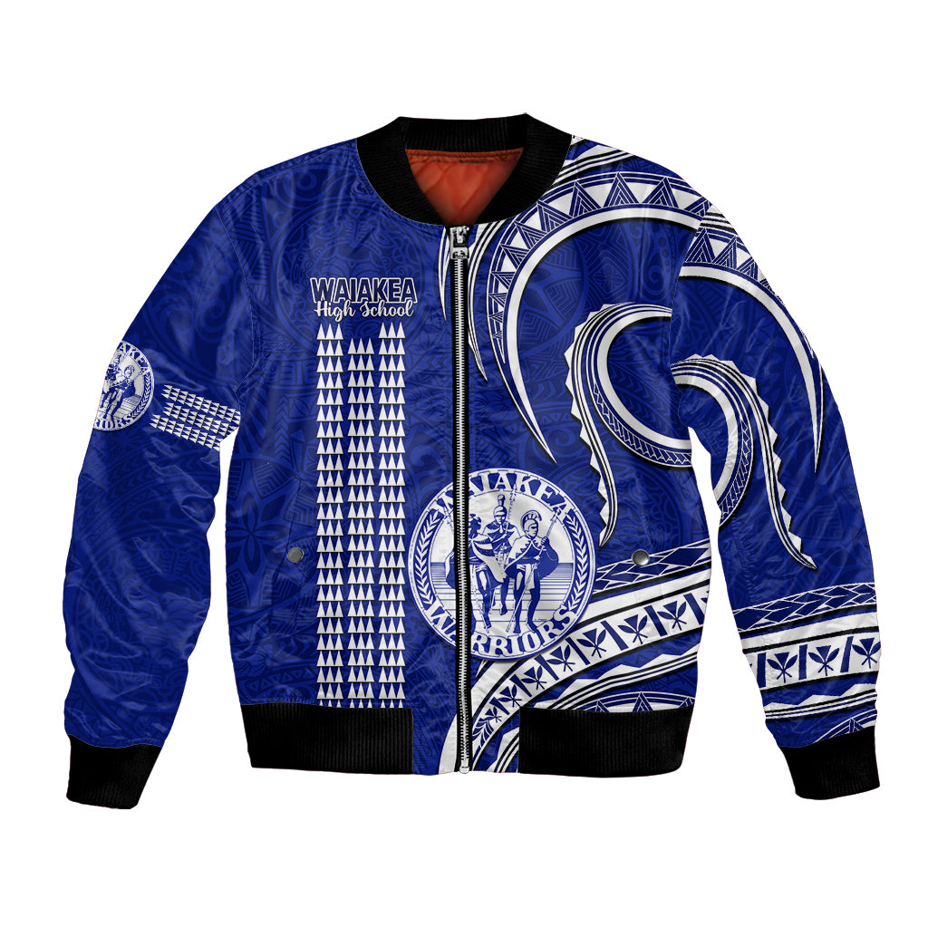 Blue bomber jacket with front zipper, black ribbed trim, white Polynesian graphic panels