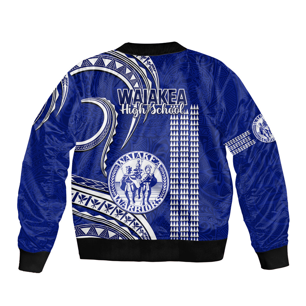 Blue bomber jacket back with white Polynesian patterns, ribbed hem and cuffs, full zip