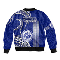Blue bomber jacket back with white Polynesian patterns, ribbed hem and cuffs, full zip