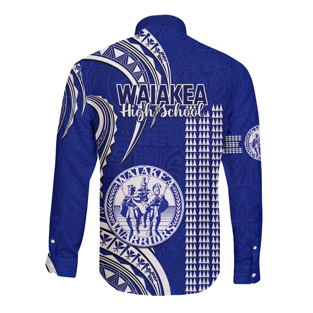 Blue long-sleeve button shirt, back view, Polynesian kakau pattern with crest and text