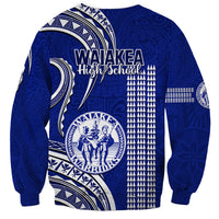 Unisex blue sweatshirt with back crest graphic, tribal motifs, and white stripe panel