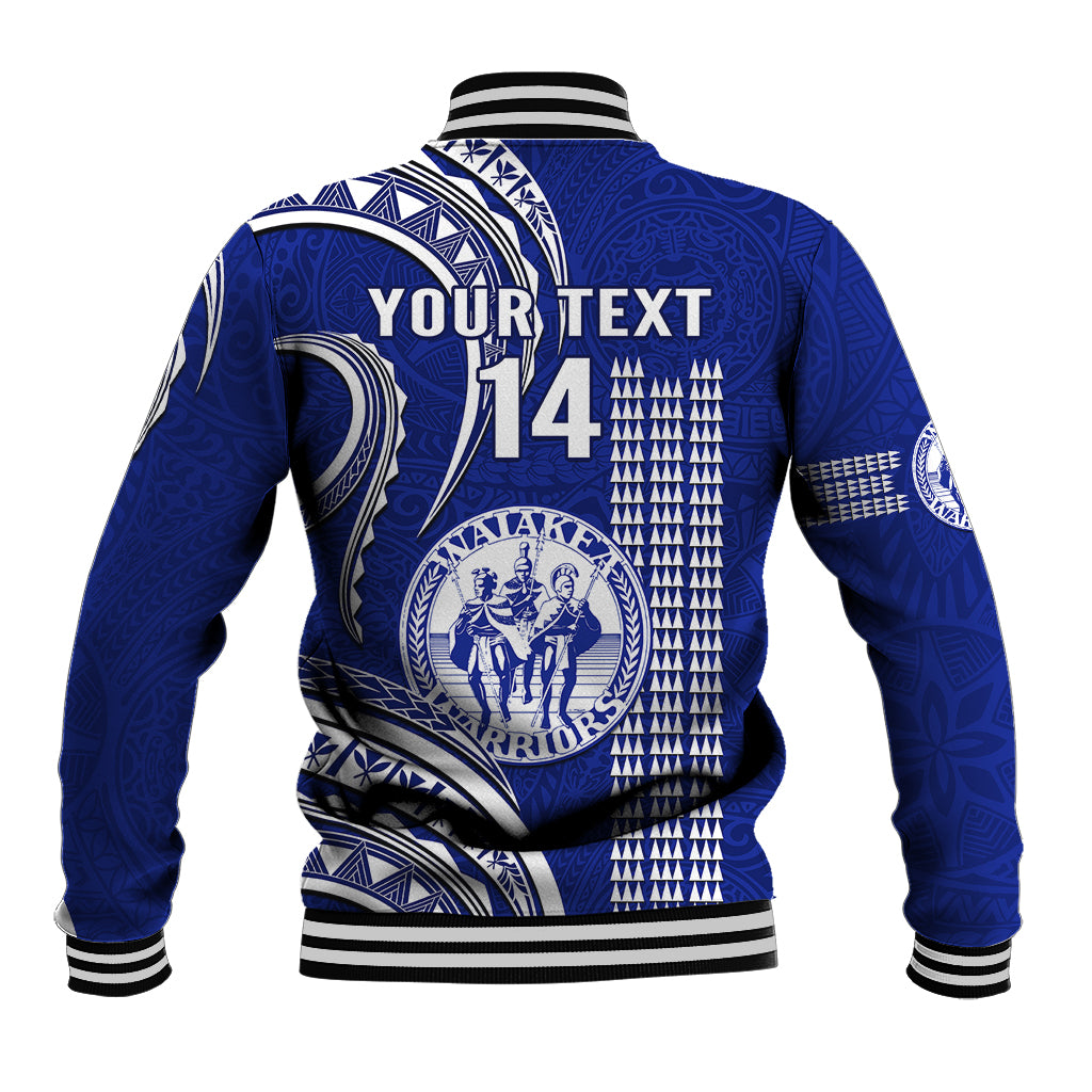Blue baseball jacket back view with Polynesian print, striped rib trim, YOUR TEXT 14