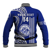Blue baseball jacket back view with Polynesian print, striped rib trim, YOUR TEXT 14