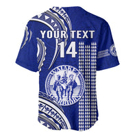 Blue baseball jersey with Polynesian pattern, number 14 and crest graphic