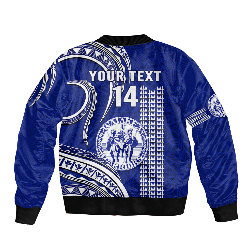 Blue bomber jacket back with YOURTEXT and 14, white Polynesian kakau graphic, ribbed hem