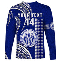 Blue long-sleeve shirt with back graphic: YOUR TEXT, 14, and Waiakea warrior crest