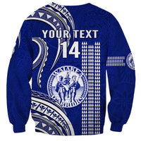 Blue pullover sweatshirt with YOUR TEXT, number 14, and tribal crest and wave print