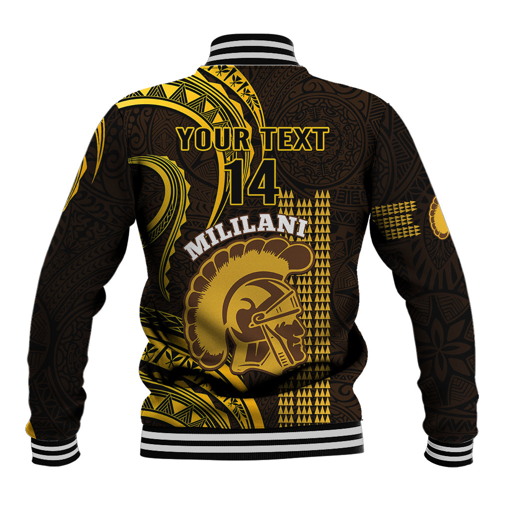 Black and gold baseball jacket back with 'YOUR TEXT', number 14, striped ribbed cuffs