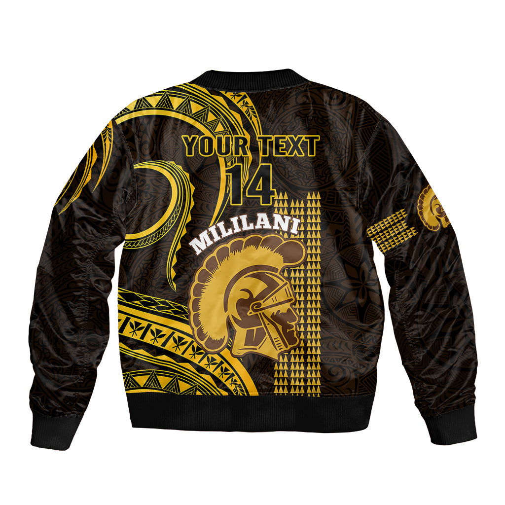 Black bomber jacket with gold Polynesian back print, YOUR TEXT and LT14, ribbed hem